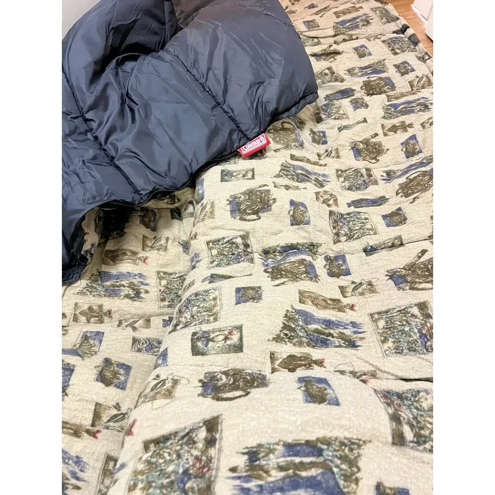 Vintage Coleman Black Sleeping Bag Fishing Theme Cotton Flannel inside 33x75
